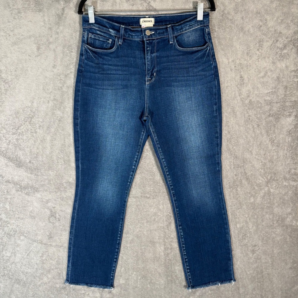 L'AGENCE Sada Cropped Slim Jeans Frisco Medium Wash Raw Hem Size 29 Raw Hem